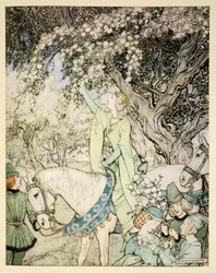 Come la regina Ginevra andò a maggio nei boschi e nei campi vicino a Westminster, illustrazione da 